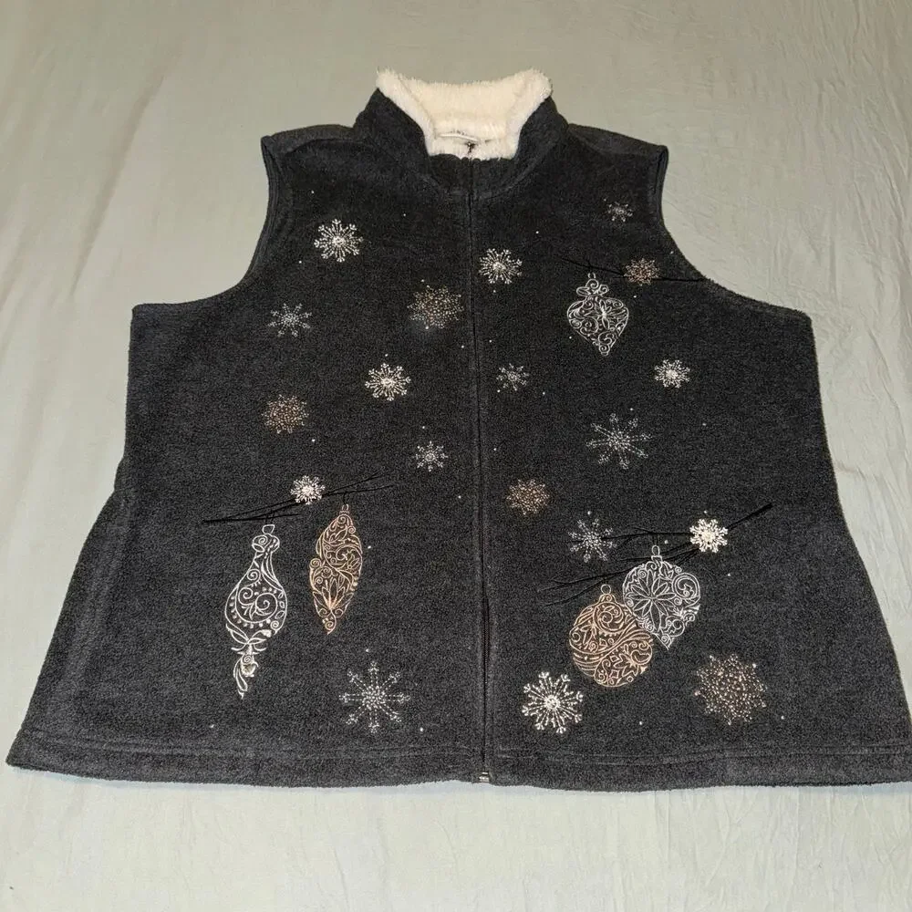 Croft & Borrow Snowflake Ornament Sleeveless Fleece Vest Zip Up‎ Dark Gray Sz XL